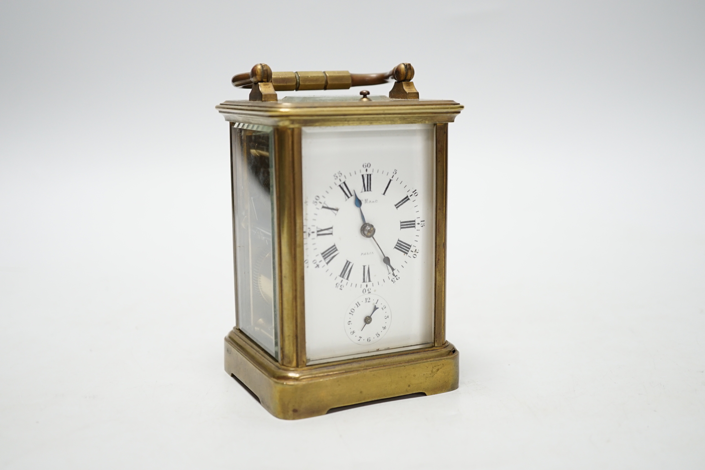 A French brass repeating carriage clock with alarm dial, 13cm